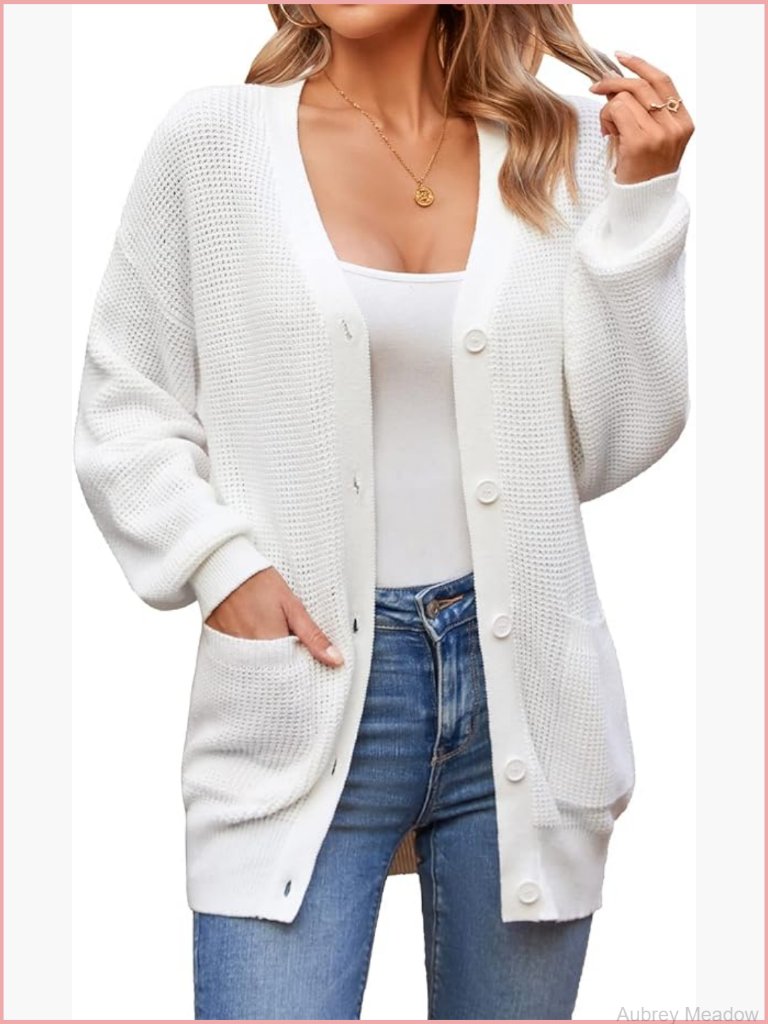 100% Cotton V-Neck Button Down Cardigan With Pockets Oversized